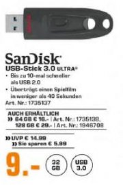 Saturn ab 20.00 Uhr SanDisk Ultra, USB-Stick, USB 3.0- 32GB f&uuml;r 9,-&euro; /64GB f&uuml;r 16,-&euro; 