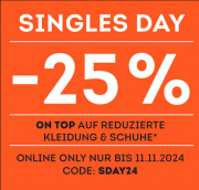 Singles Day mit 25% Extra-Rabatt auf bereits reduzierte Kleidung & Schuhe bei SportScheck