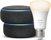 Smart-Home-Set mit 2 St&uuml;ck Echo Dot (3. Generation) + Philips Hue White E27 Smart LED Lampe