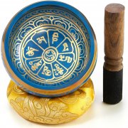 Tibetische Klangschale, blau, Set mit Kl&ouml;ppel und Klangschalenkissen in Loktapapier Geschenk-Box