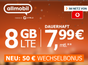 Tipp: Vodafone Allnet-Flat mit 8GB LTE f&uuml;r nur 7,99&euro; monatlich + 50&euro; Wechselbonus