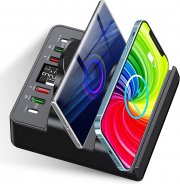 TPfocus 8 in 1 15W Induktive Ladestation mit 6 USB Ports und 2 Kabellosen Ladest&auml;nder