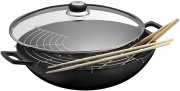 WMF Gusseisen Wok mit Glasdeckel, St&auml;bchen, Zange und Ablegegitter