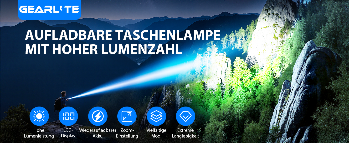 2 Stück GEARLITE SFL064-2 aufladbare LED Taschenlampen mit 3 Licht-Modi